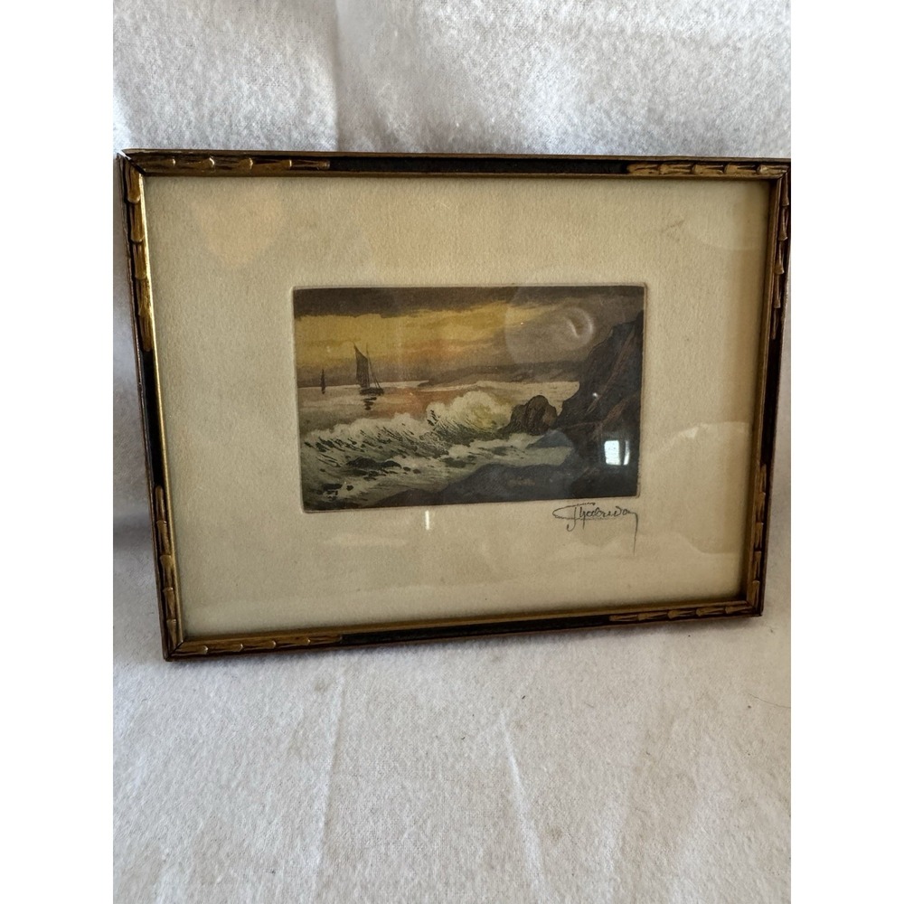 Vintage Artist Signed WATERCOLOR Sea Ocean ORIGINAL GILT MAT/FRAME Miniature